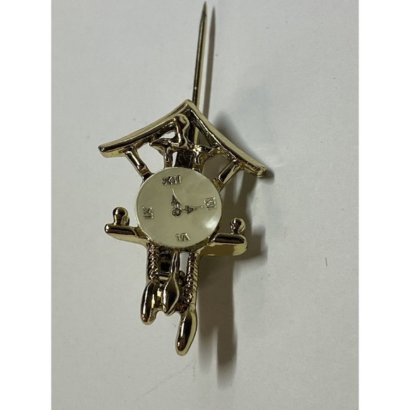 Vintage Gold Tone Cuckoo Clock Pearlized Face Teeny Brooch Pin - Picture 1 of 12